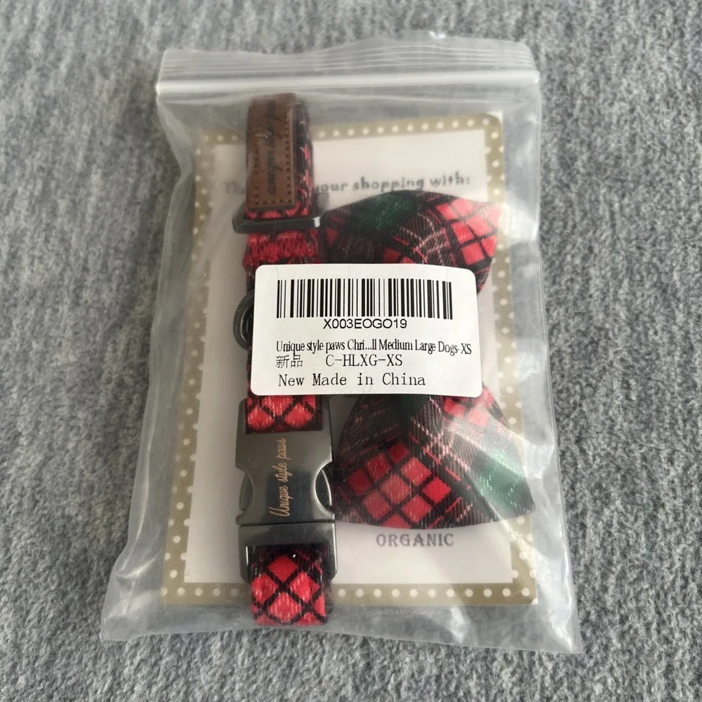 Unique Style Paws XS Dog Collar & Bow Red Green Plaid Unisex Adjustable Xmas New